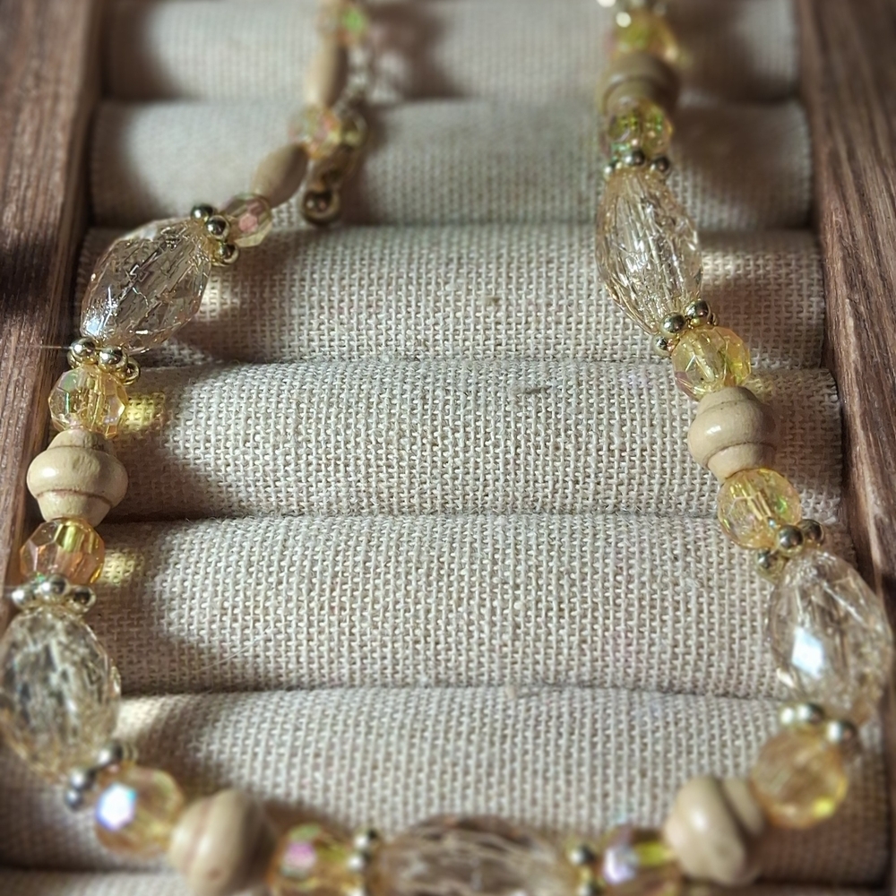 Sunlit Crystal and Wood Bead Necklace in Pale Yellow